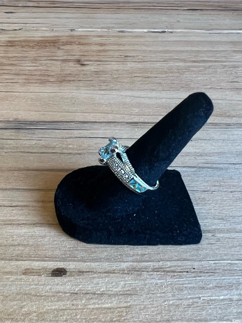 Silver Tone Fashion Ring With Blue Square-Cut Center Stone Size 6